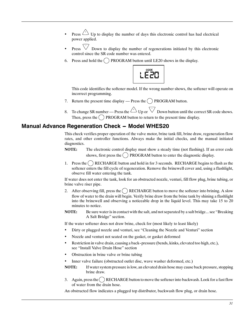 Manual advance regeneration check --- model whes20 | Whirlpool WHES20 User Manual | Page 31 / 39