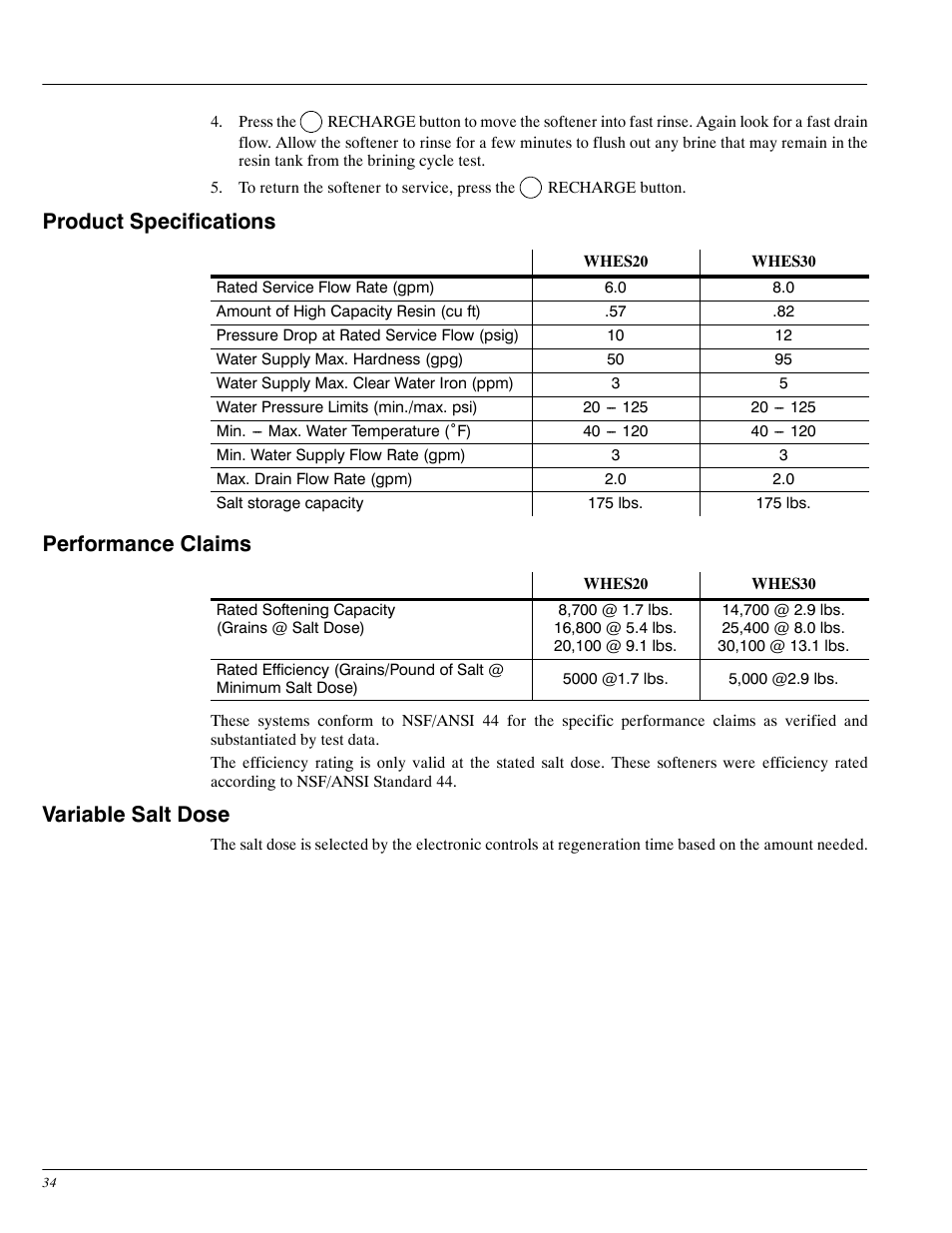 Product specifications, Performance claims, Variable salt dose | Whirlpool WHES20 User Manual | Page 34 / 39