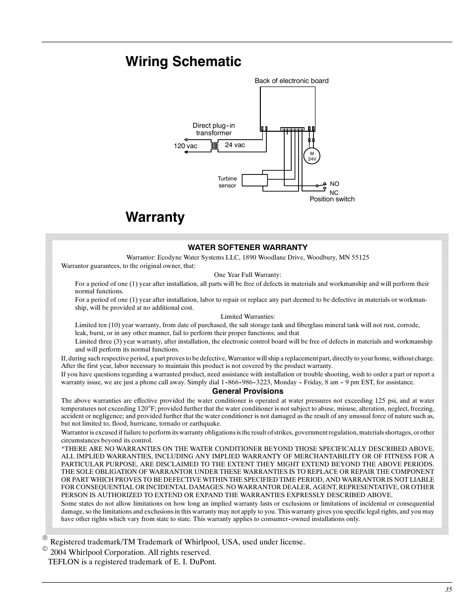 Wiring schematic, Warranty | Whirlpool WHES20 User Manual | Page 35 / 39