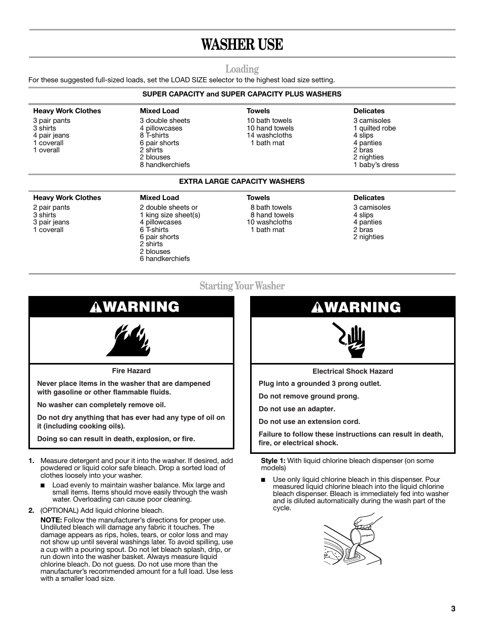 Washer use, Warning, Loading | Starting your washer | Whirlpool Inglis IAS5000RQ2 User Manual | Page 3 / 8