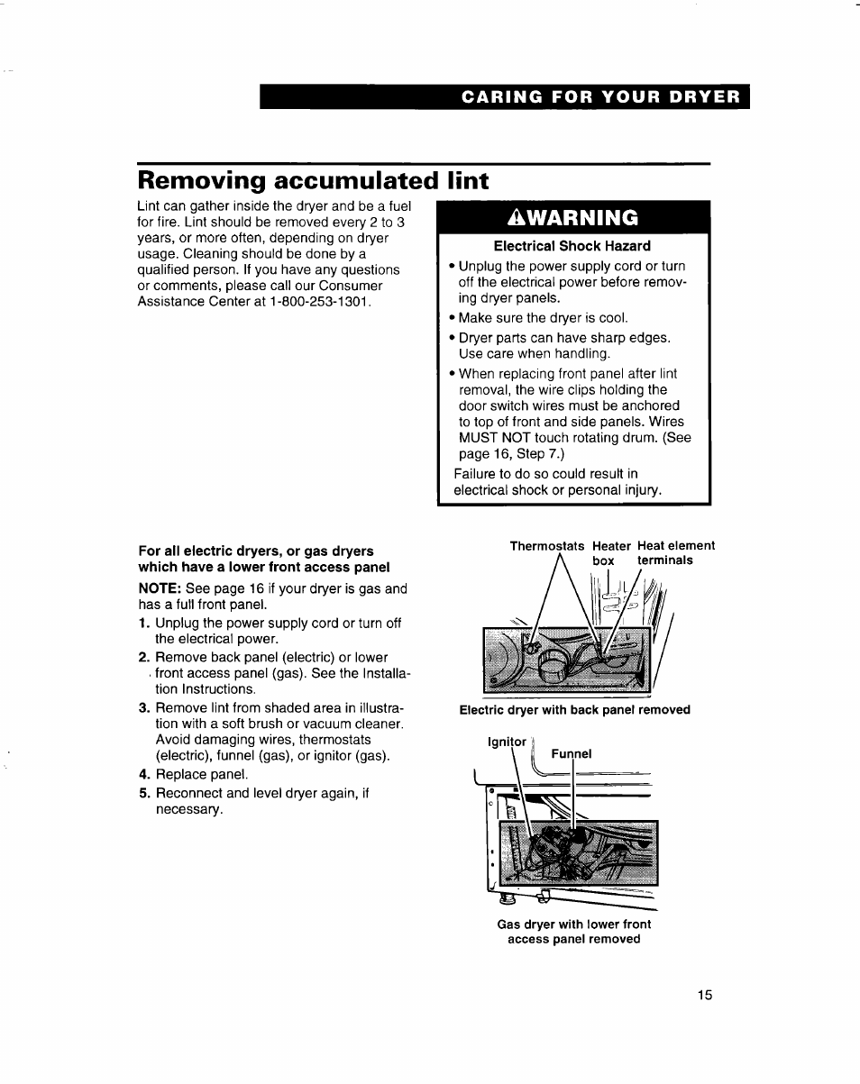 Electrical shock hazard, For all electric dryers, or gas dryers, Removing accumulated lint | Warning | Whirlpool 3401092 User Manual | Page 15 / 25