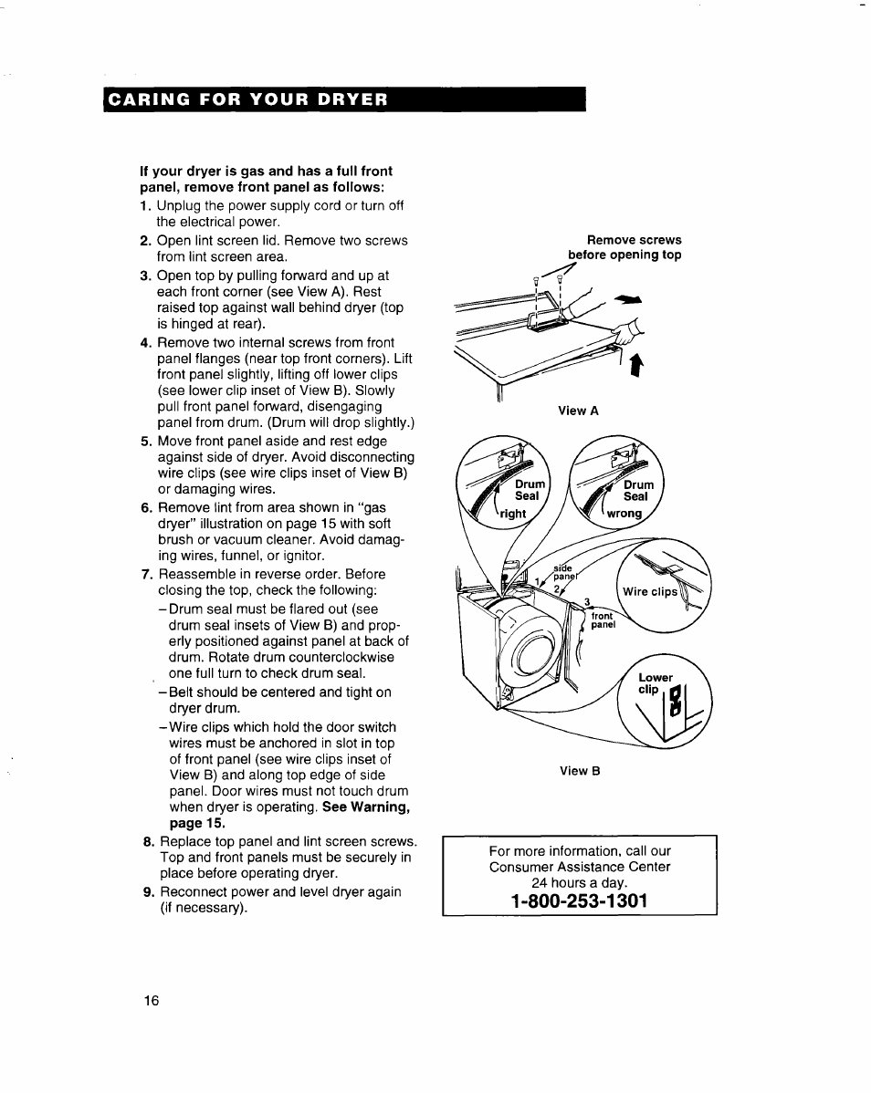 If your dryer is gas and has a full front, Caring for your dryer | Whirlpool 3401092 User Manual | Page 16 / 25