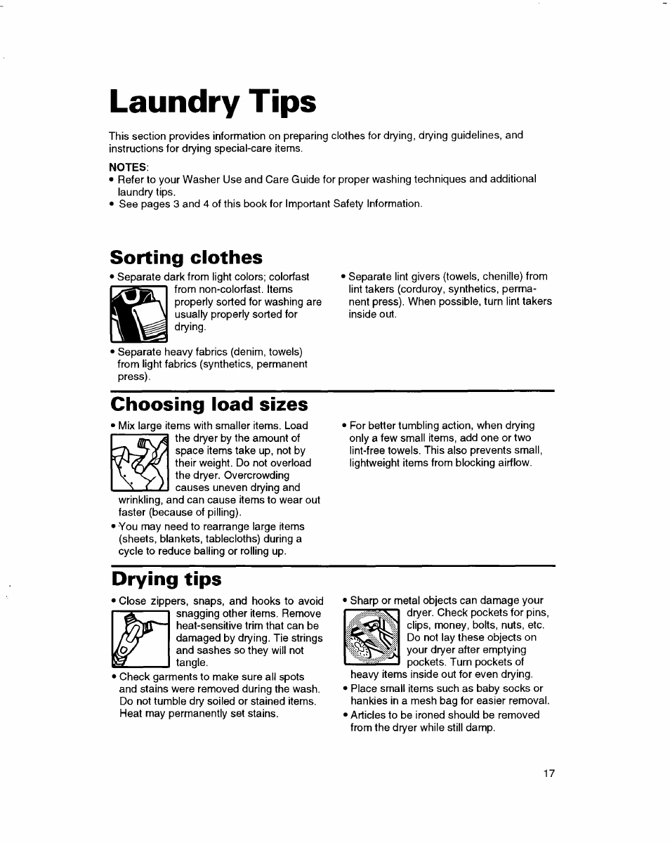 Laundry tips, Notes, Laundry tips -20 | Sorting clothes, Choosing load sizes, Drying tips | Whirlpool 3401092 User Manual | Page 17 / 25