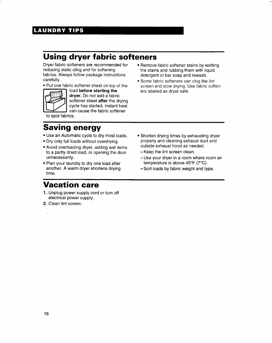 Using dryer fabric softeners, Saving energy, Vacation care | Whirlpool 3401092 User Manual | Page 18 / 25