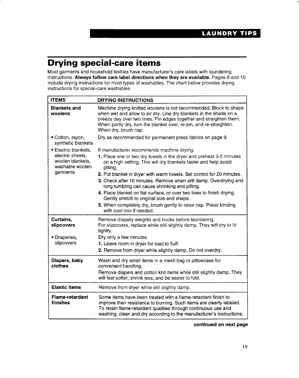 Drying special-care items, Laundry tips | Whirlpool 3401092 User Manual | Page 19 / 25