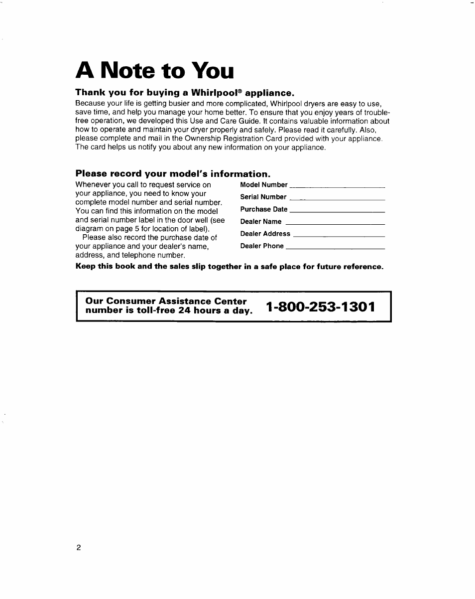 A note to you, Thank you for buying a whirlpool® appliance, Please record your moders information | Whirlpool 3401092 User Manual | Page 2 / 25