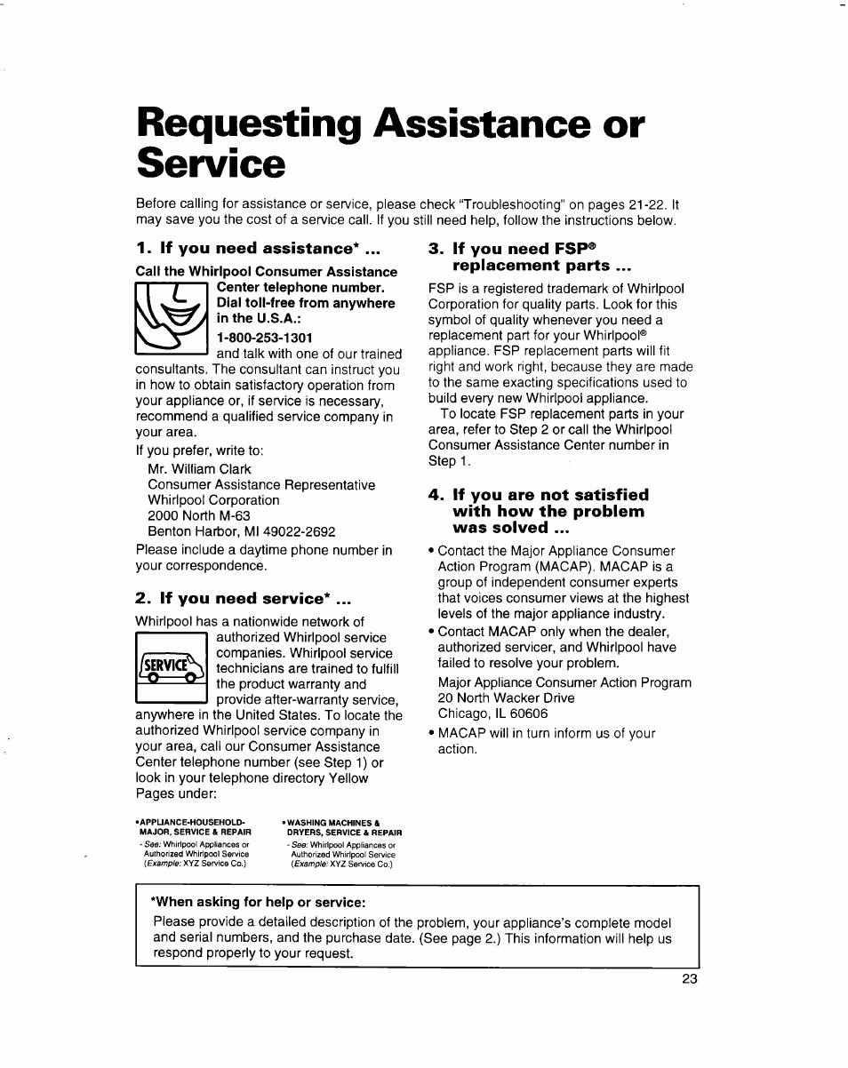 Requesting assistance or service, If you need assistance, If you need service | If you need fsp® replacement parts, When asking for help or service, Requesting assistance, Or service | Whirlpool 3401092 User Manual | Page 23 / 25