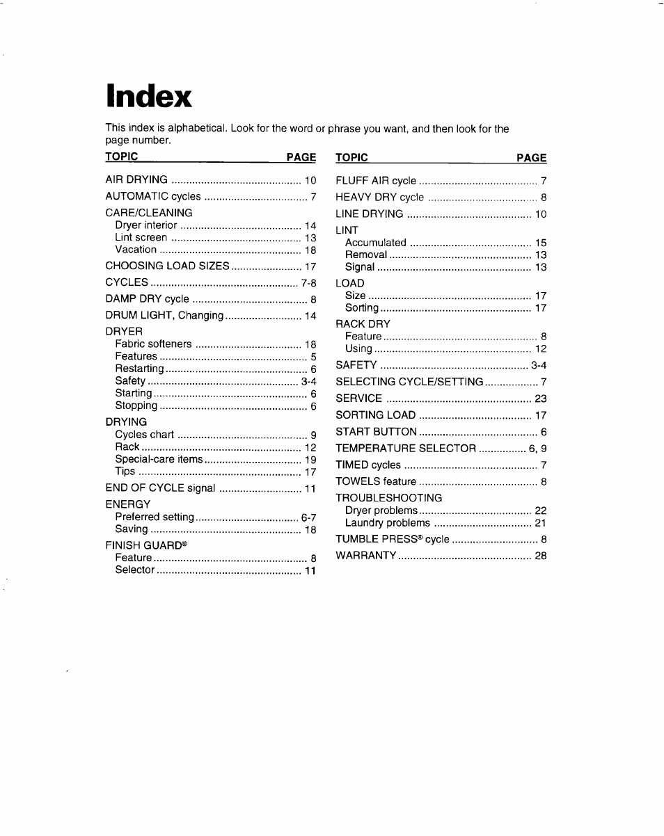 Index, Topic | Whirlpool 3401092 User Manual | Page 24 / 25