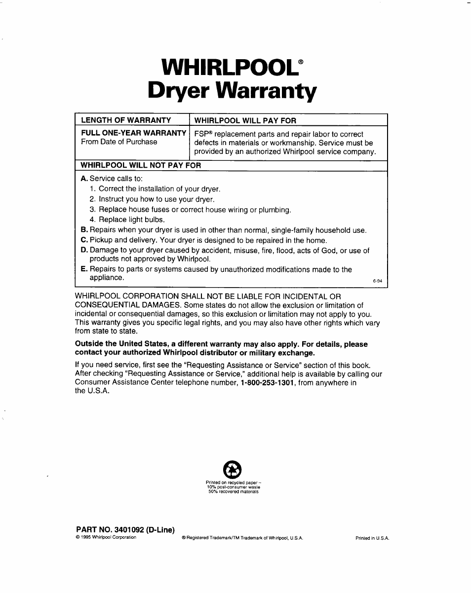 Whirlpool dryer warranty, Length of warranty, Whirlpool will pay for | Full one-year warranty, Whirlpool will not pay for, Part no. 3401092 (d-line) | Whirlpool 3401092 User Manual | Page 25 / 25