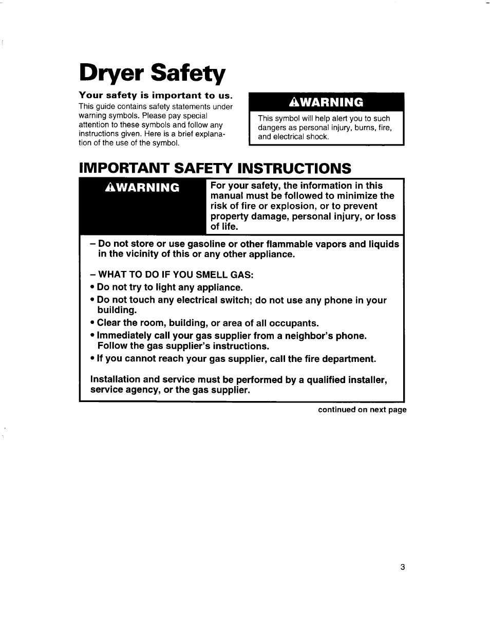 Dryer safety, Dryer safety -4, Warning | Important safety instructions âwarning | Whirlpool 3401092 User Manual | Page 3 / 25