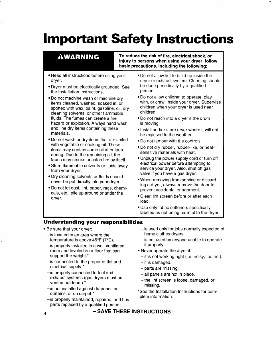 Important safety instructions, Understanding your responsibilities, Awarning | Whirlpool 3401092 User Manual | Page 4 / 25