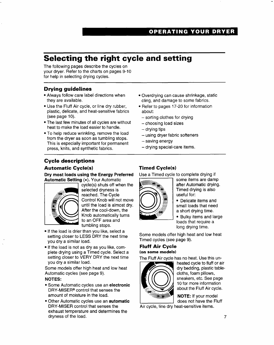 Drying guidelines, Cycle descriptions, Automatic cycle(s) | Notes, Timed cycle(s), Fluff air cycle, Selecting the right cycle and setting, Operating your dryer | Whirlpool 3401092 User Manual | Page 7 / 25