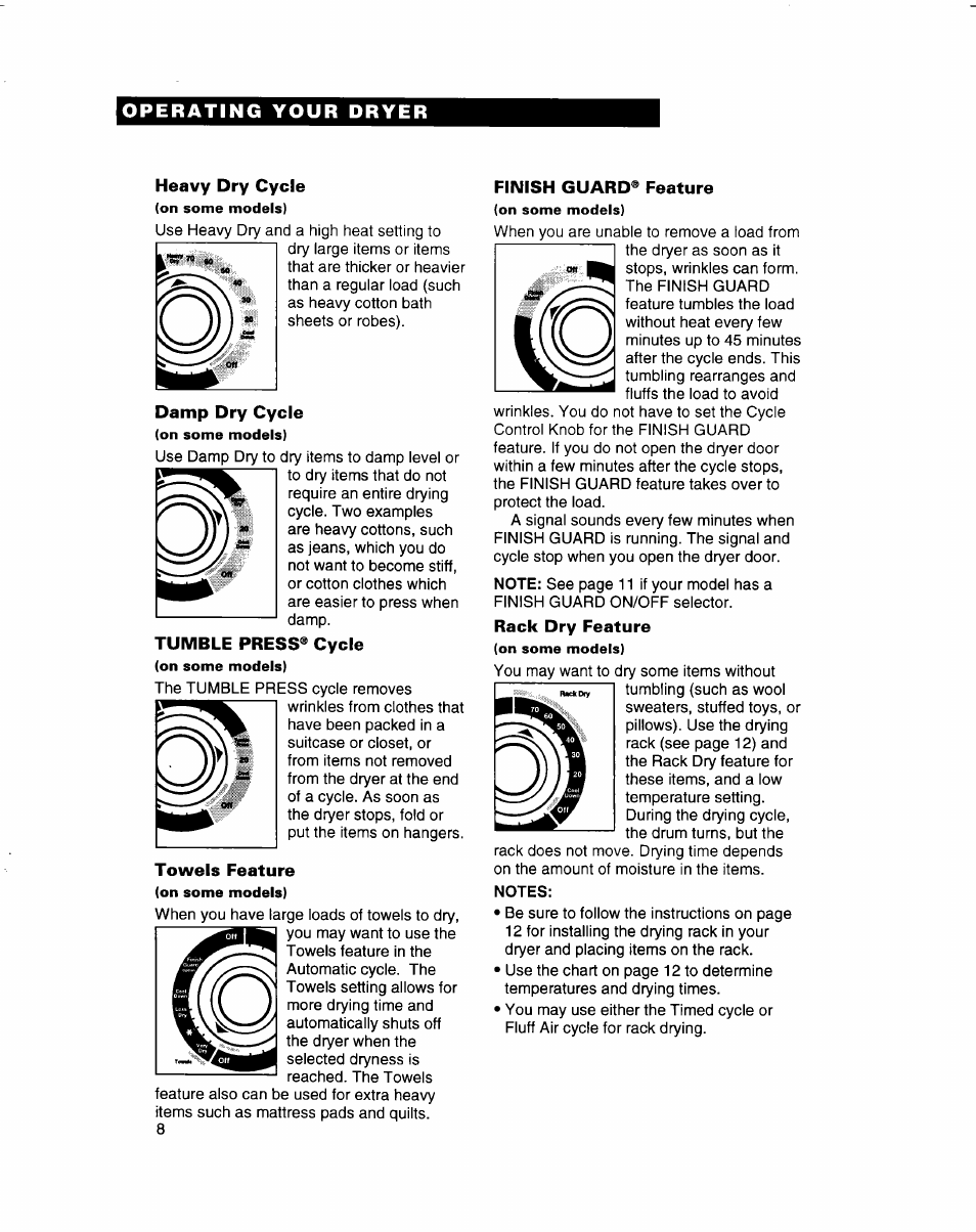Notes, Operating your dryer | Whirlpool 3401092 User Manual | Page 8 / 25