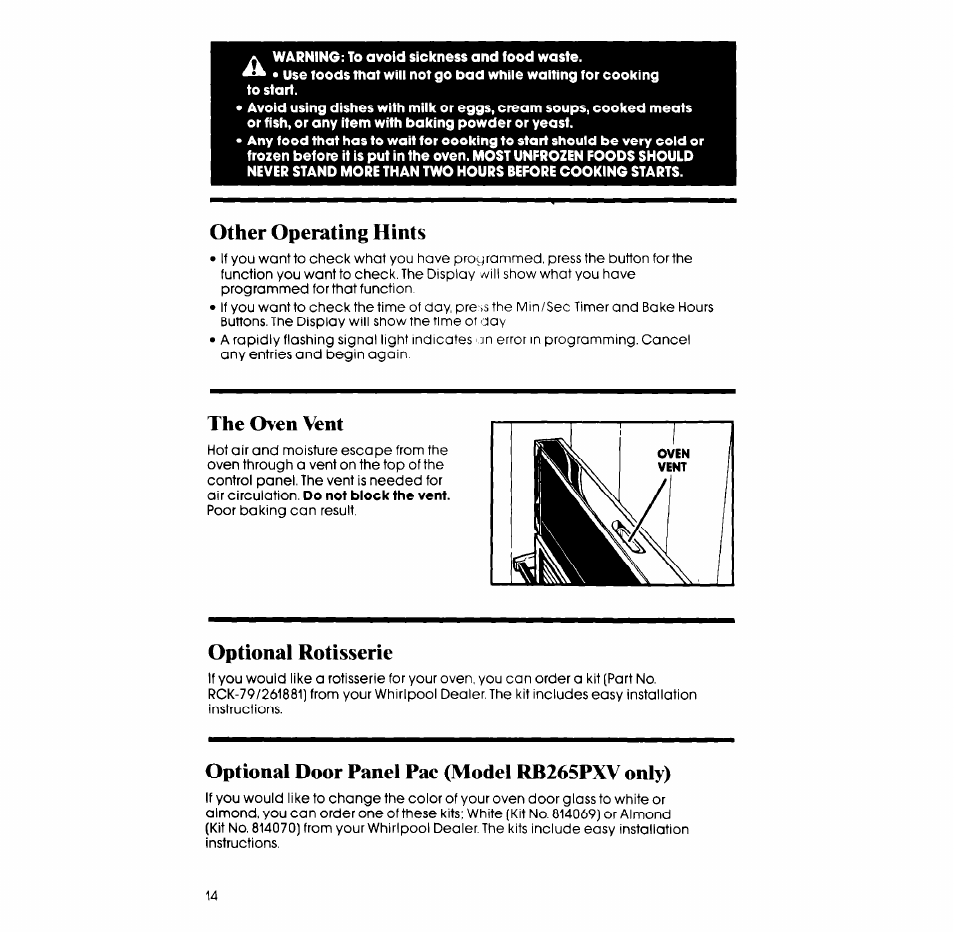 Other operating hints, The oven vent, Optional rôtisserie | Optional door panel рас (model rb265pxv only) | Whirlpool RB265PXV User Manual | Page 14 / 24