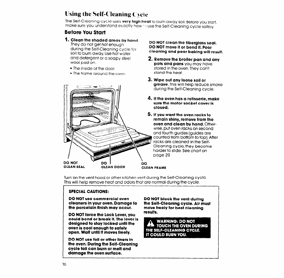 Before you start, Using the self-cleaning c yde | Whirlpool RB265PXV User Manual | Page 16 / 24