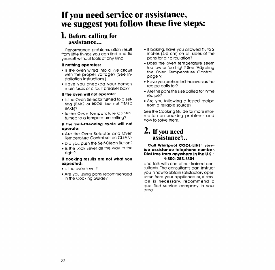 Before calling for assistance, If you need assistance | Whirlpool RB265PXV User Manual | Page 22 / 24