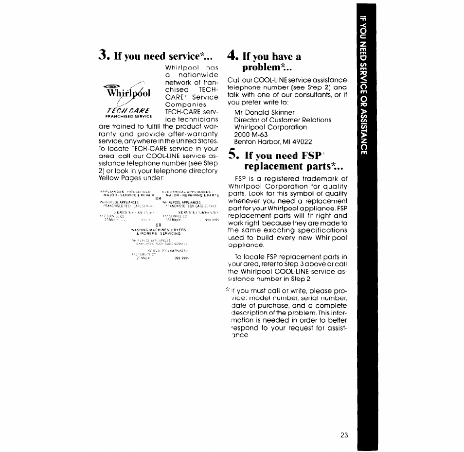 If you need service, 4, if you have a problem, If you need fsp replaeement parts | Whirlpool RB265PXV User Manual | Page 23 / 24