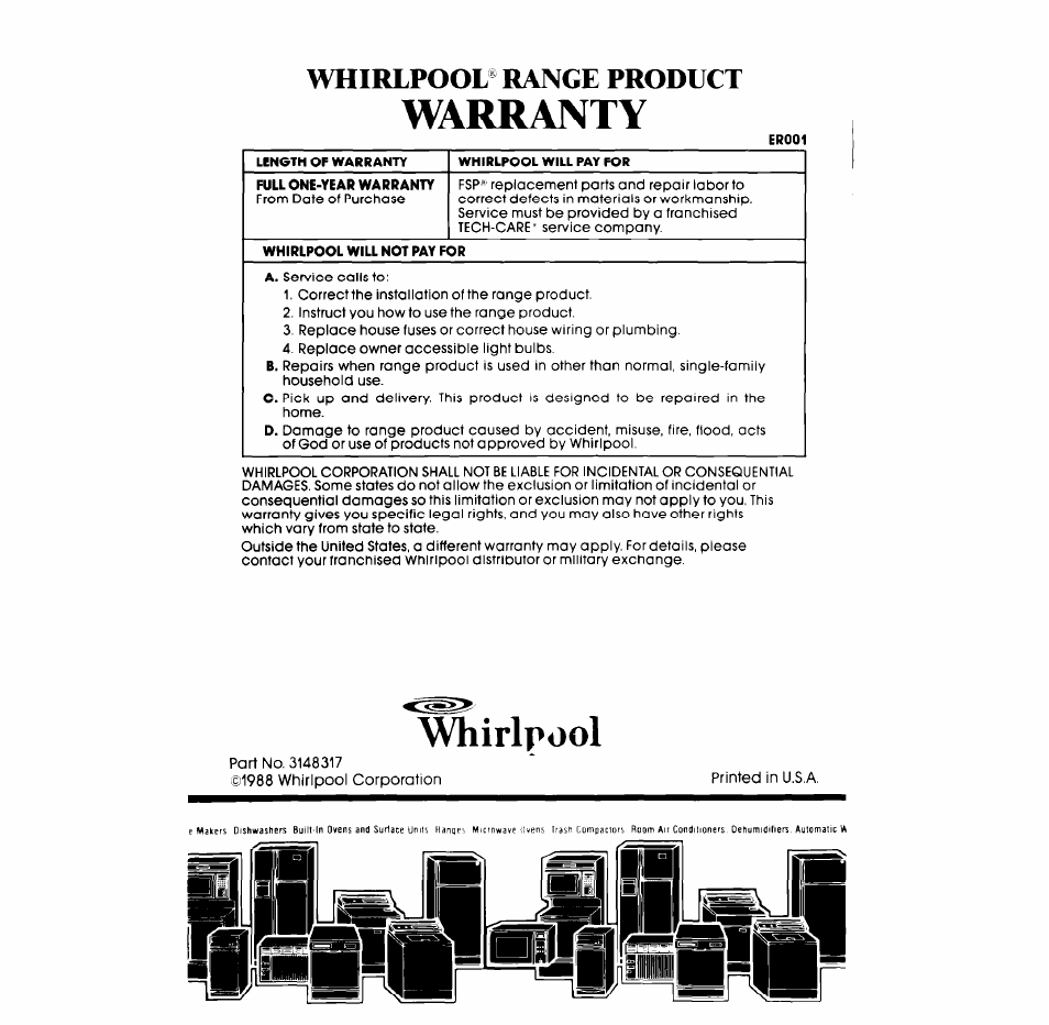 Warranty, Whirlpool, Whirlpool* range product | Whirlpool RB265PXV User Manual | Page 24 / 24