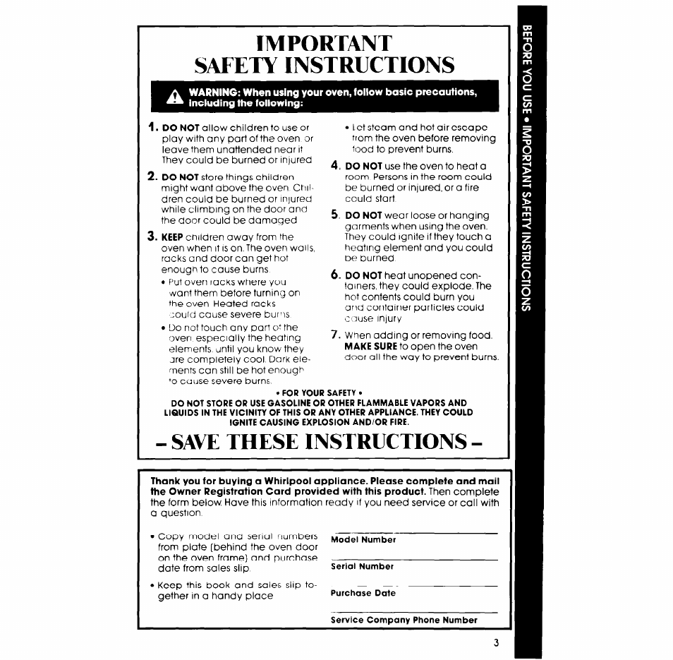 Important safety instructions, Save these instructions | Whirlpool RB265PXV User Manual | Page 3 / 24