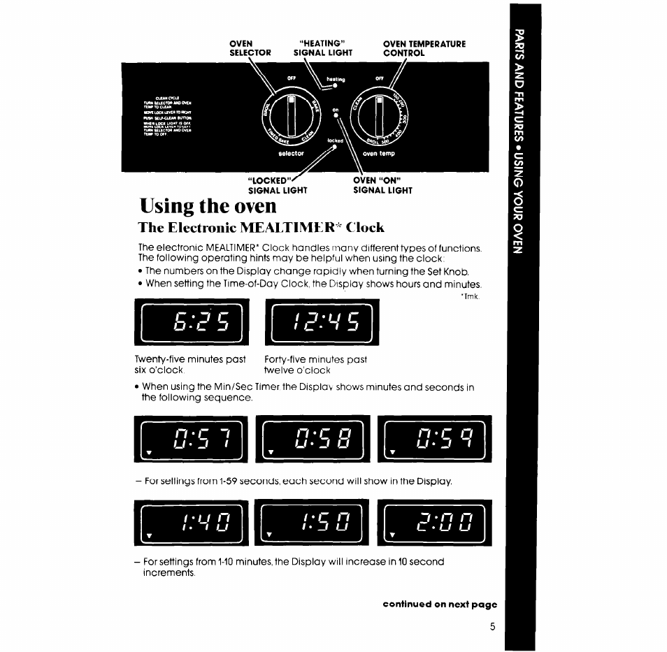 Using the oven, The electronic mealtimlr* clock | Whirlpool RB265PXV User Manual | Page 5 / 24