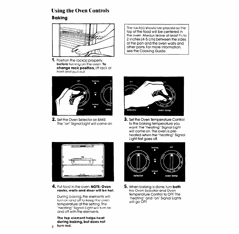 Using the oven controls, Baking | Whirlpool RB265PXV User Manual | Page 8 / 24