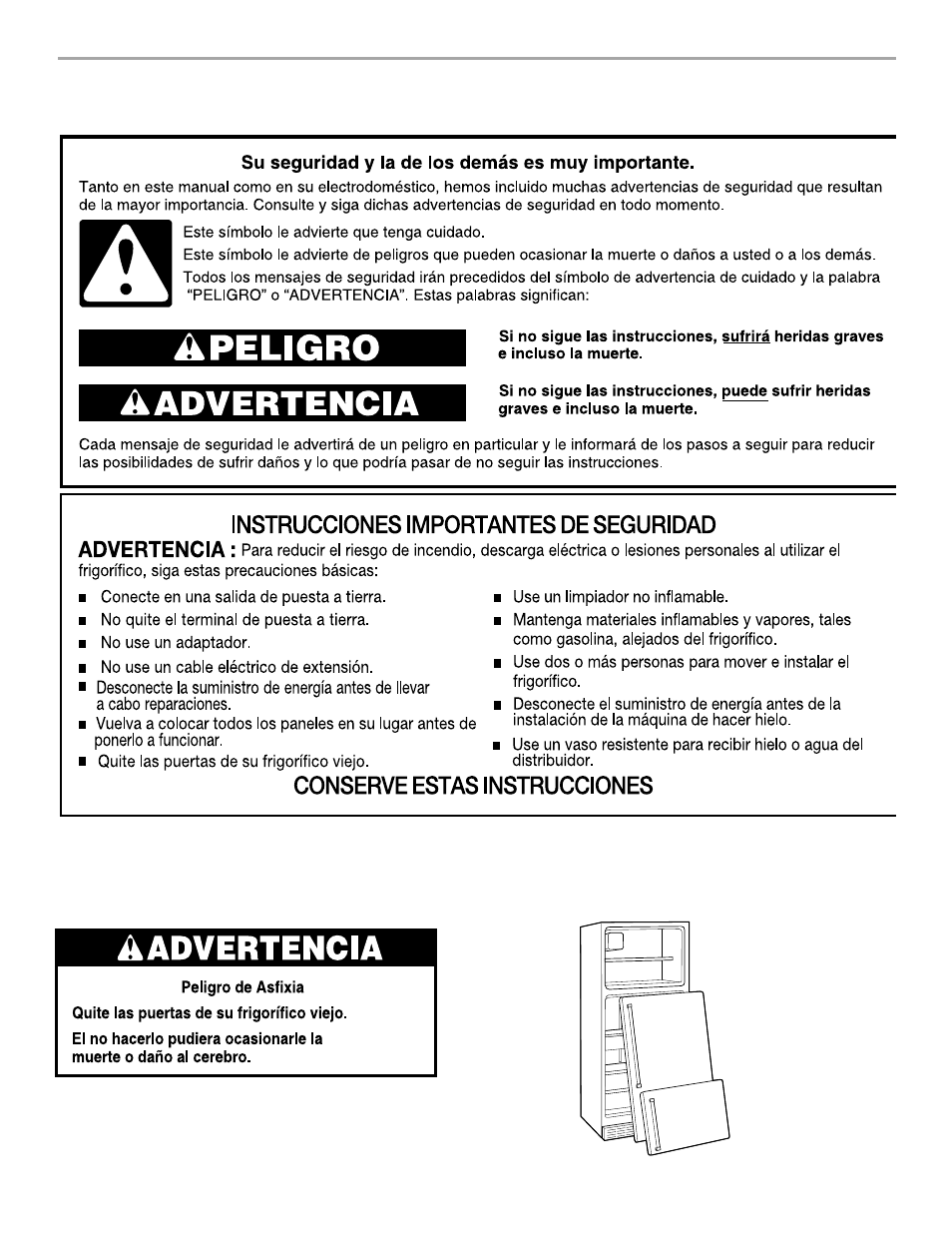 Spanish version, Seguridad del frigorífico | Whirlpool 3VET16GKGW01 User Manual | Page 20 / 39