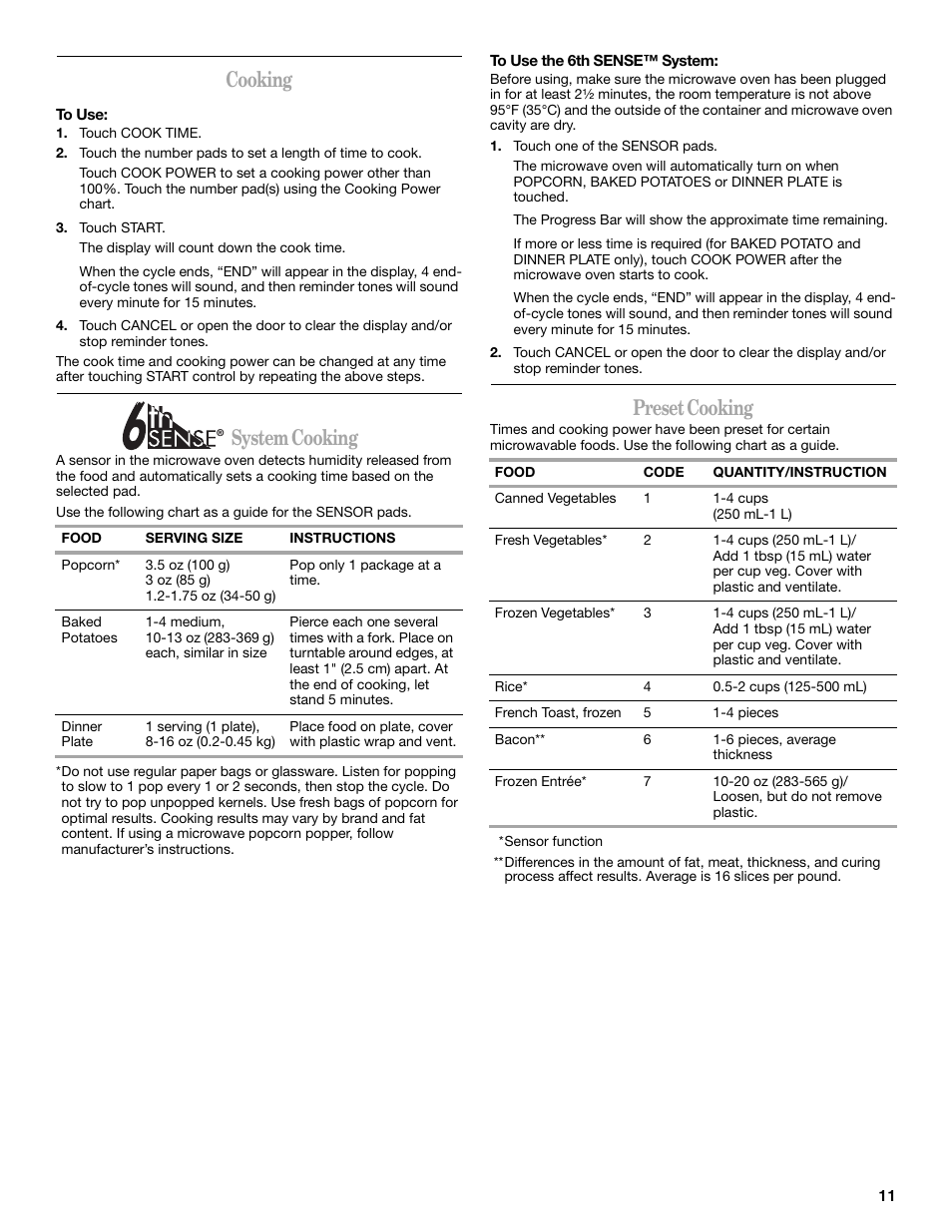 Cooking, System cooking, Preset cooking | Whirlpool GH5176XP User Manual | Page 11 / 20