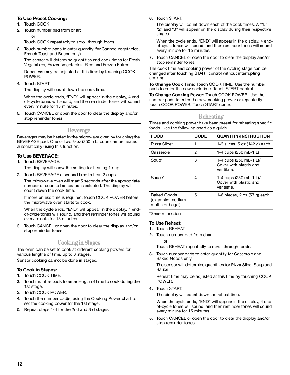 Beverage, Cooking in stages, Reheating | Whirlpool GH5176XP User Manual | Page 12 / 20