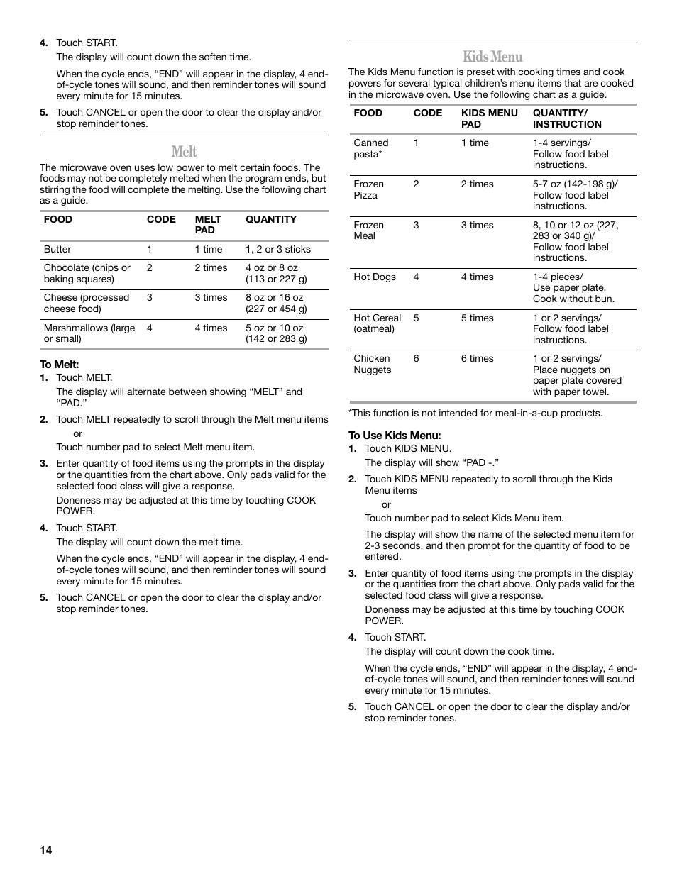 Melt, Kids menu | Whirlpool GH5176XP User Manual | Page 14 / 20