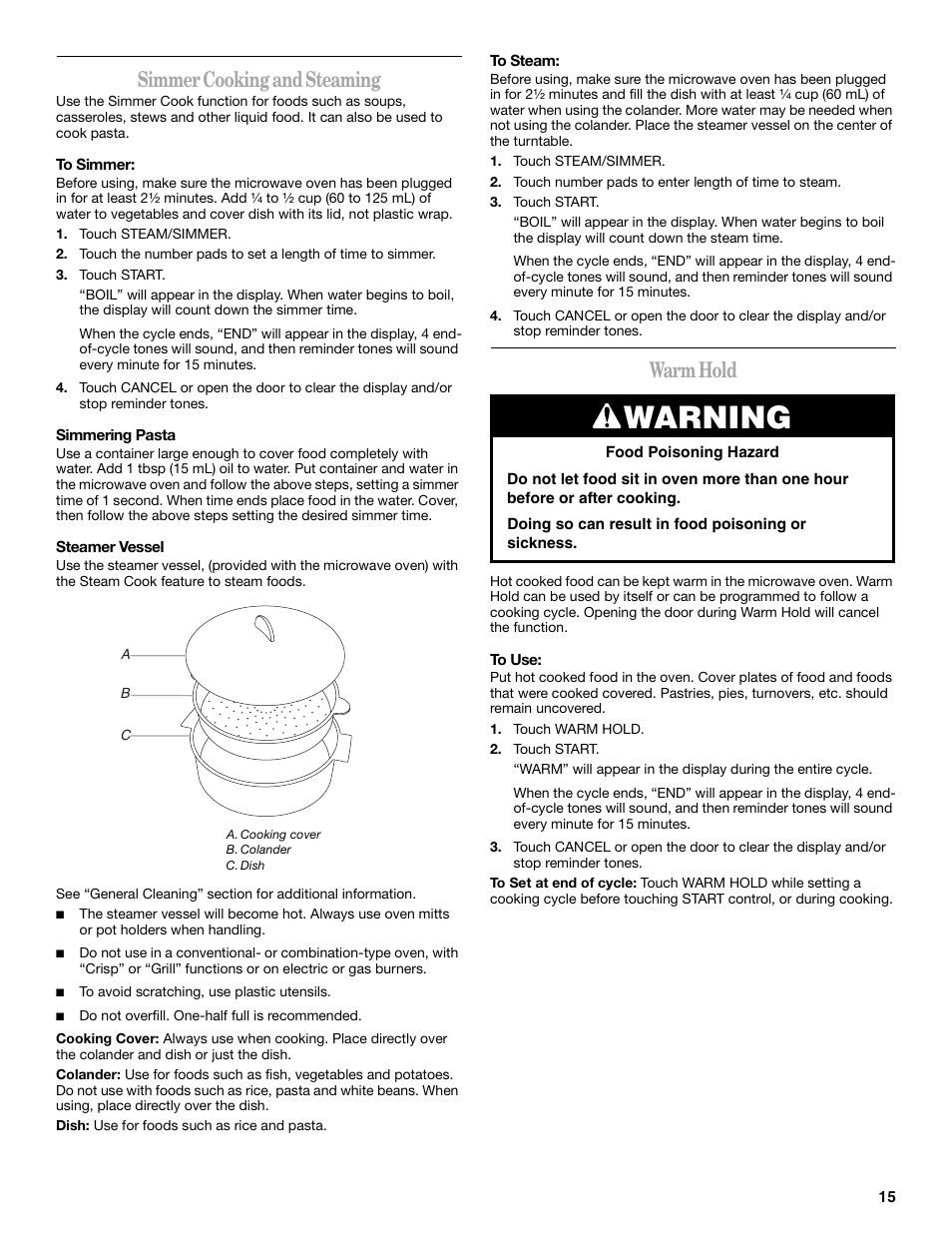 Warning, Simmer cooking and steaming, Warm hold | Whirlpool GH5176XP User Manual | Page 15 / 20