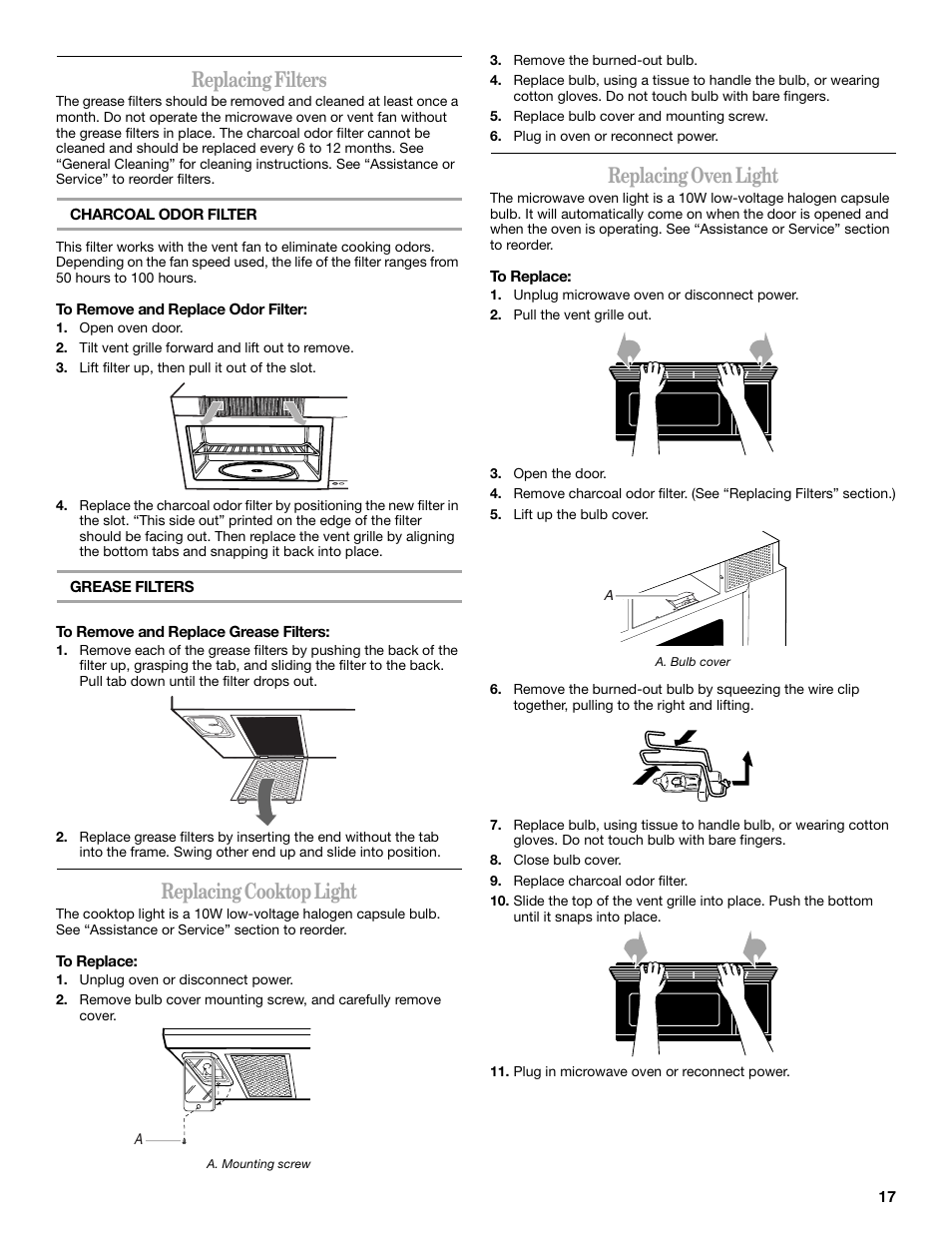 Replacing filters, Replacing cooktop light, Replacing oven light | Whirlpool GH5176XP User Manual | Page 17 / 20