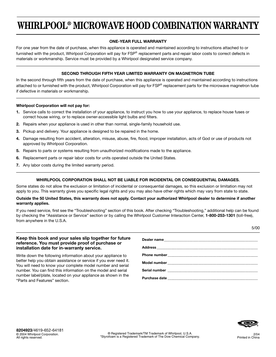 Whirlpool, Microwave hood combination warranty | Whirlpool GH5176XP User Manual | Page 20 / 20