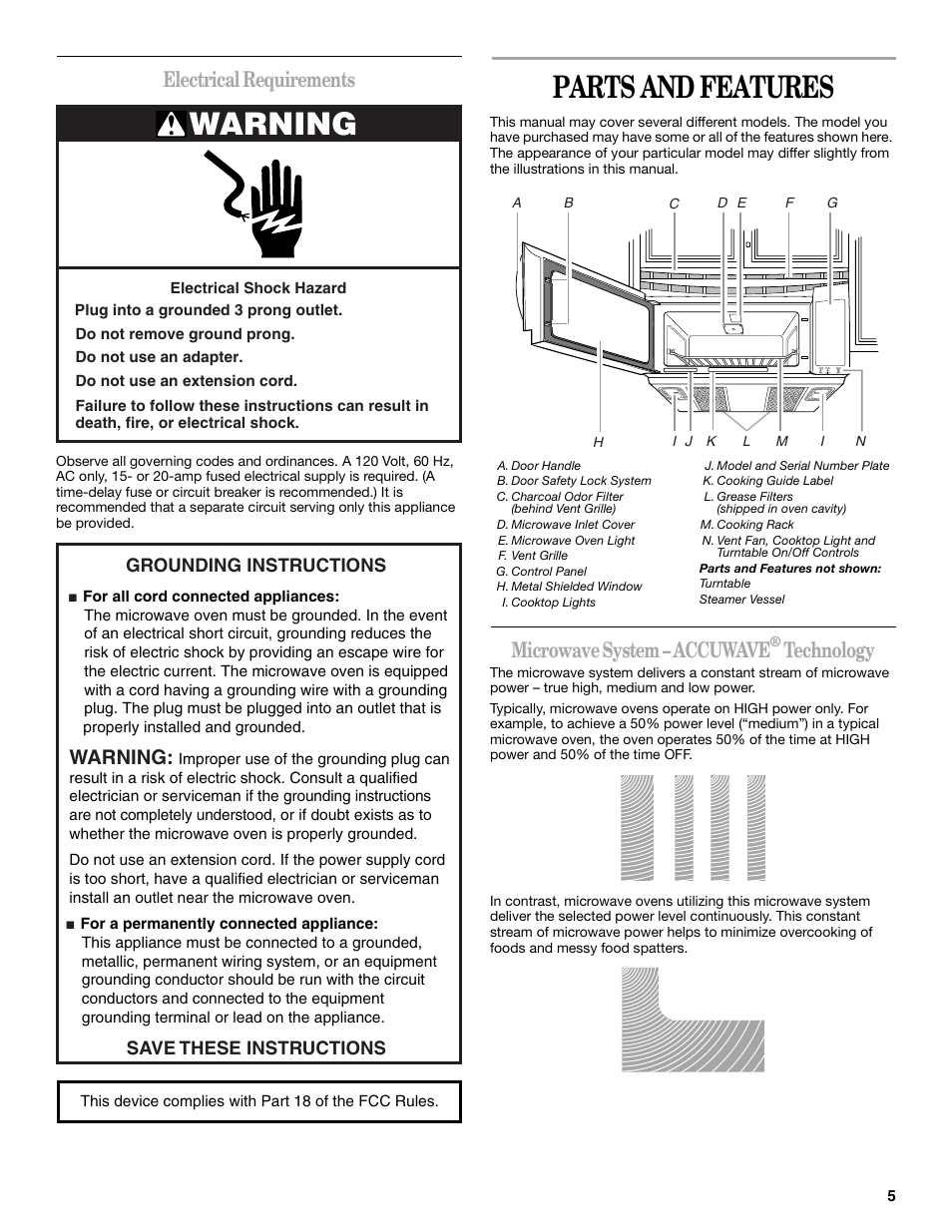 Parts and features, Warning, Electrical requirements | Microwave system – accuwave, Technology | Whirlpool GH5176XP User Manual | Page 5 / 20