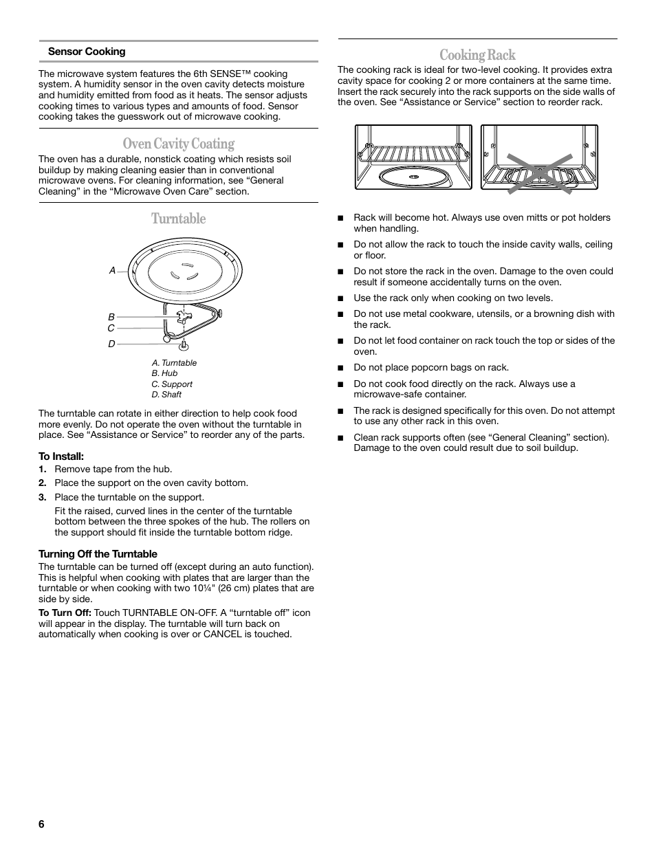 Oven cavity coating, Turntable, Cooking rack | Whirlpool GH5176XP User Manual | Page 6 / 20