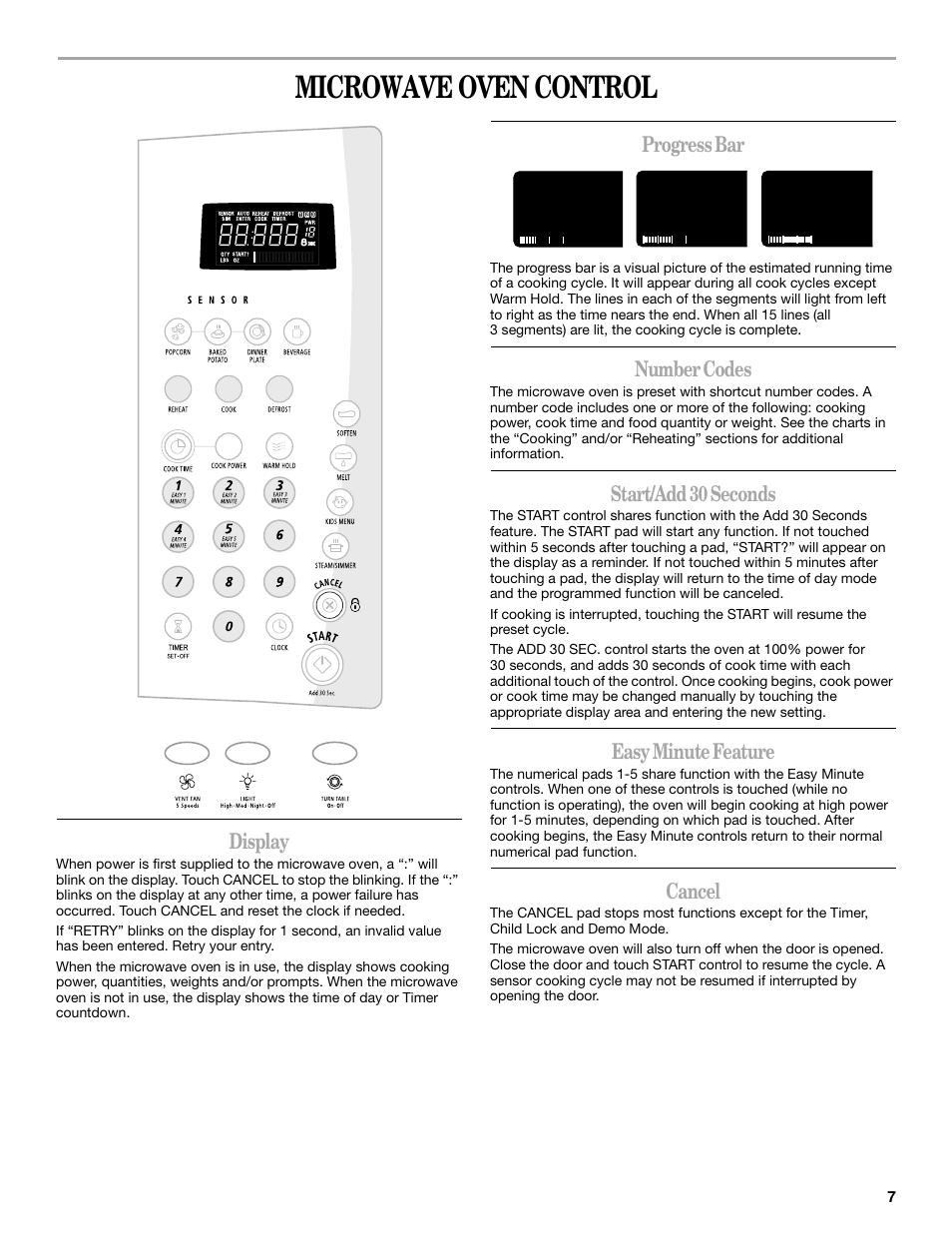 Microwave oven control, Display, Progress bar | Number codes, Start/add 30 seconds, Easy minute feature, Cancel | Whirlpool GH5176XP User Manual | Page 7 / 20