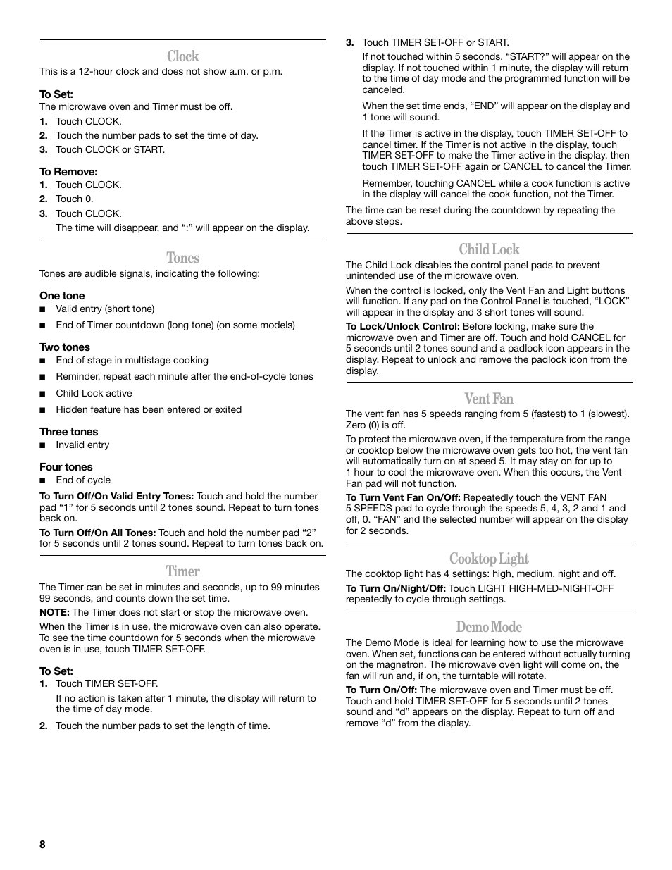 Clock, Tones, Timer | Child lock, Vent fan, Cooktop light, Demo mode | Whirlpool GH5176XP User Manual | Page 8 / 20