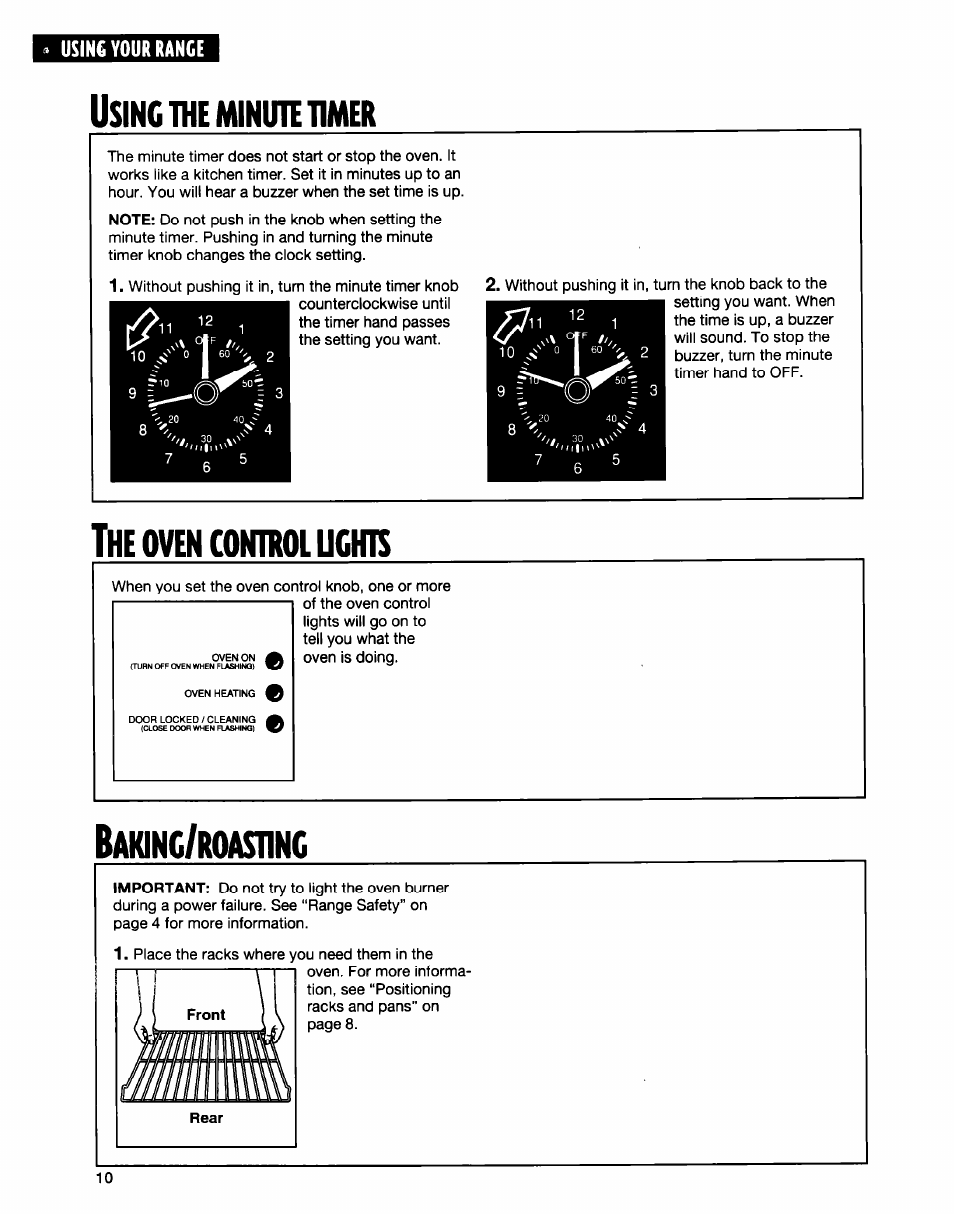 Using the minute timer, The oven control ughts, Baking/roasting | The minute timer, Oven control ughts, Sing, Aking, Roasting | Whirlpool FGS335E User Manual | Page 10 / 29