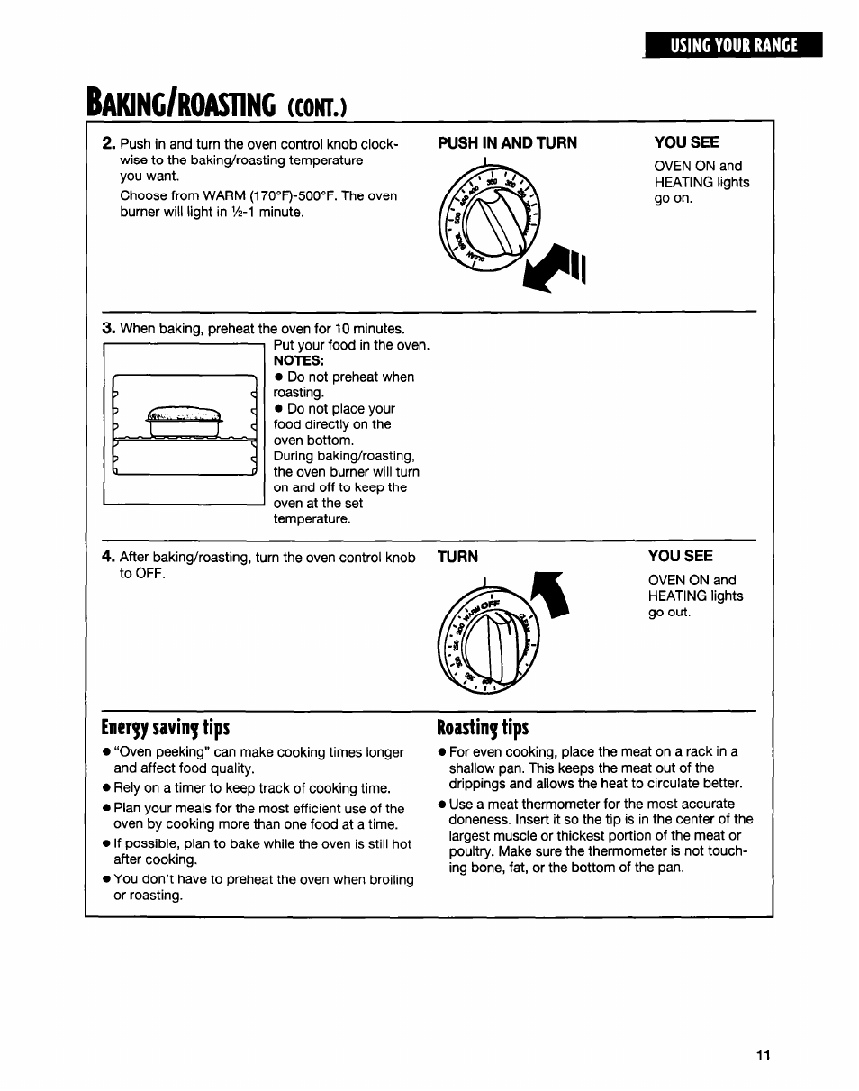 Baking/roastinc, Cont.), Energy saving tips | Roasting tips, Aking, Roastinc | Whirlpool FGS335E User Manual | Page 11 / 29