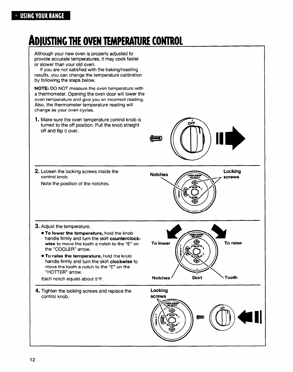 Adiusunc the oven temperature control, Adiusunc, Temperature | Oven, Control | Whirlpool FGS335E User Manual | Page 12 / 29
