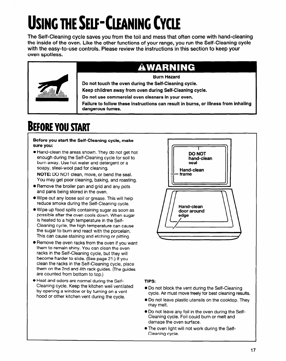 Usincihesof-cuaninccyoi, Before you start, You start | Warning, Efore | Whirlpool FGS335E User Manual | Page 17 / 29