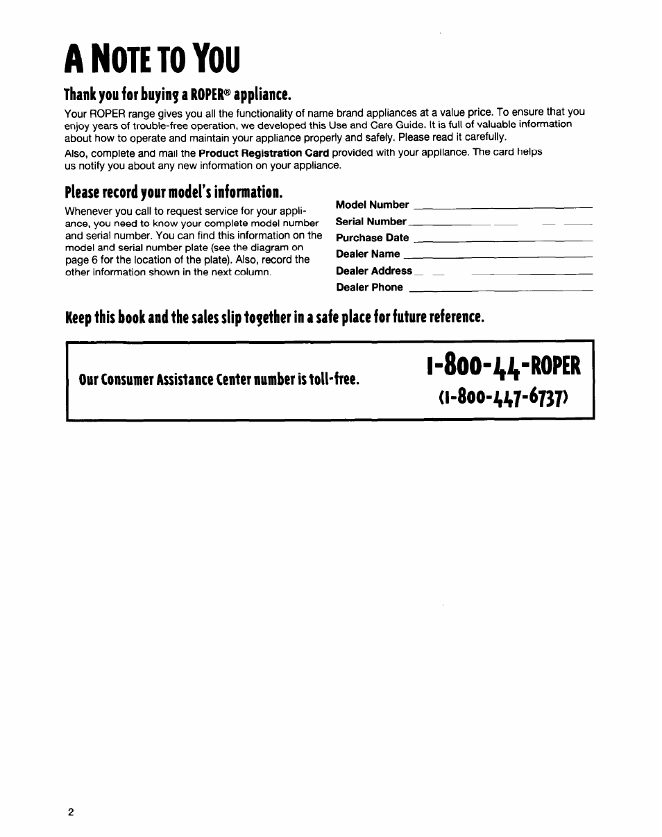 Anotetoyou, Thank you for buying a roper® appliance, Please record your model’s information | Our consumer assistance center number is toll-free, Roper | Whirlpool FGS335E User Manual | Page 2 / 29