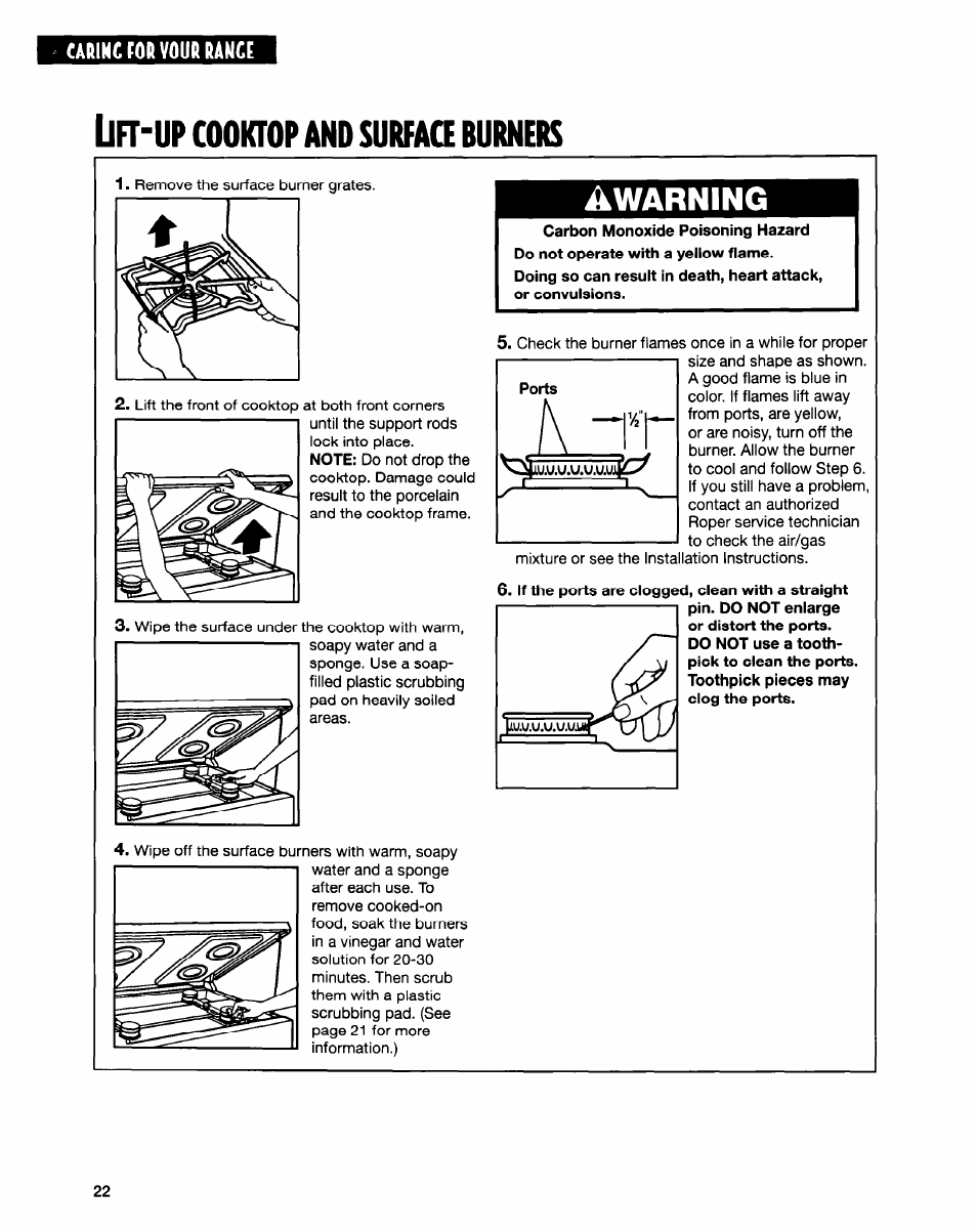 Lft-up cooktop and surfaa burners, Lft-up, Surfaa burners | Warning, Cooktop | Whirlpool FGS335E User Manual | Page 22 / 29