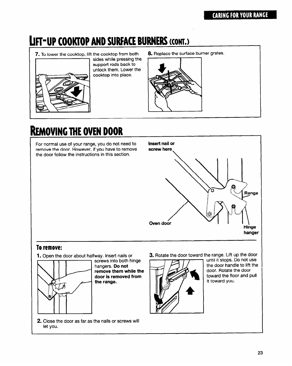 Lift-up cooktop and surfaq burners (cont.), Removing 1ne oven door, 1ne oven door | Cooktop, Surfaq, Burners, Cont, Emoving | Whirlpool FGS335E User Manual | Page 23 / 29