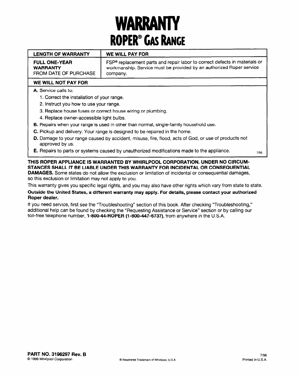 Warraniy, Roper* g, Ance | Whirlpool FGS335E User Manual | Page 29 / 29