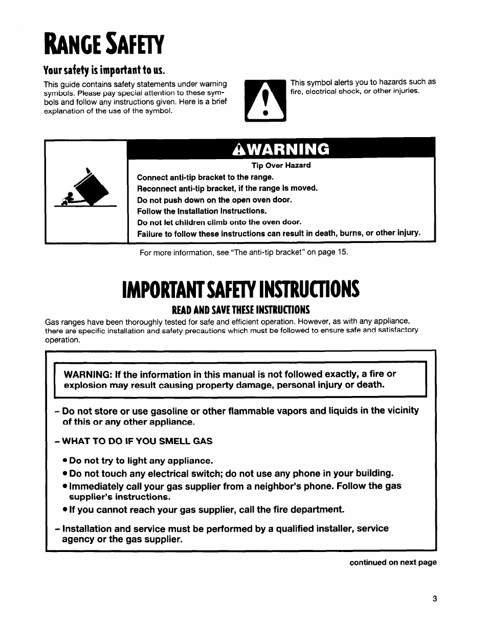 Range safeiy, Impoktantsafelyllfintucnons, Awarning | Whirlpool FGS335E User Manual | Page 3 / 29
