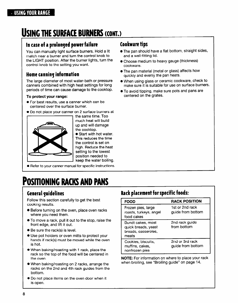 Using the surface burners (cohu, In case of a prolonged power failure, Home canning information | Cookware tips, Positioning racks and pans, General guidelines, Rack placement for specific foods, Racks and pans, Sing, Surface | Whirlpool FGS335E User Manual | Page 8 / 29