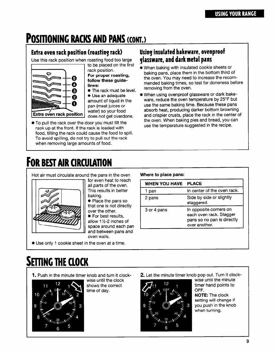 Positioning racks and pans (coht.), Extra oven rack position (roasting rack), For best air circuiat10n | Best air circuiat10n, Semnctneaock, Ositioning, Racks, Pans, Coht | Whirlpool FGS335E User Manual | Page 9 / 29