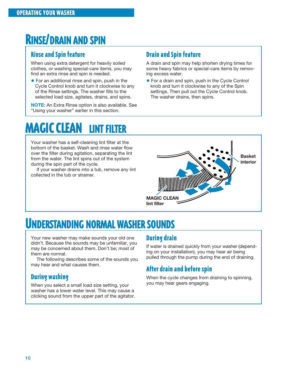 Rinse/drain and spin, Magic clean lint filter, Understanding normal washer sounds | Magic clean, Inse, Drain, Spin, Lint, Filter, Nderstanding | Whirlpool 3950310 User Manual | Page 10 / 20