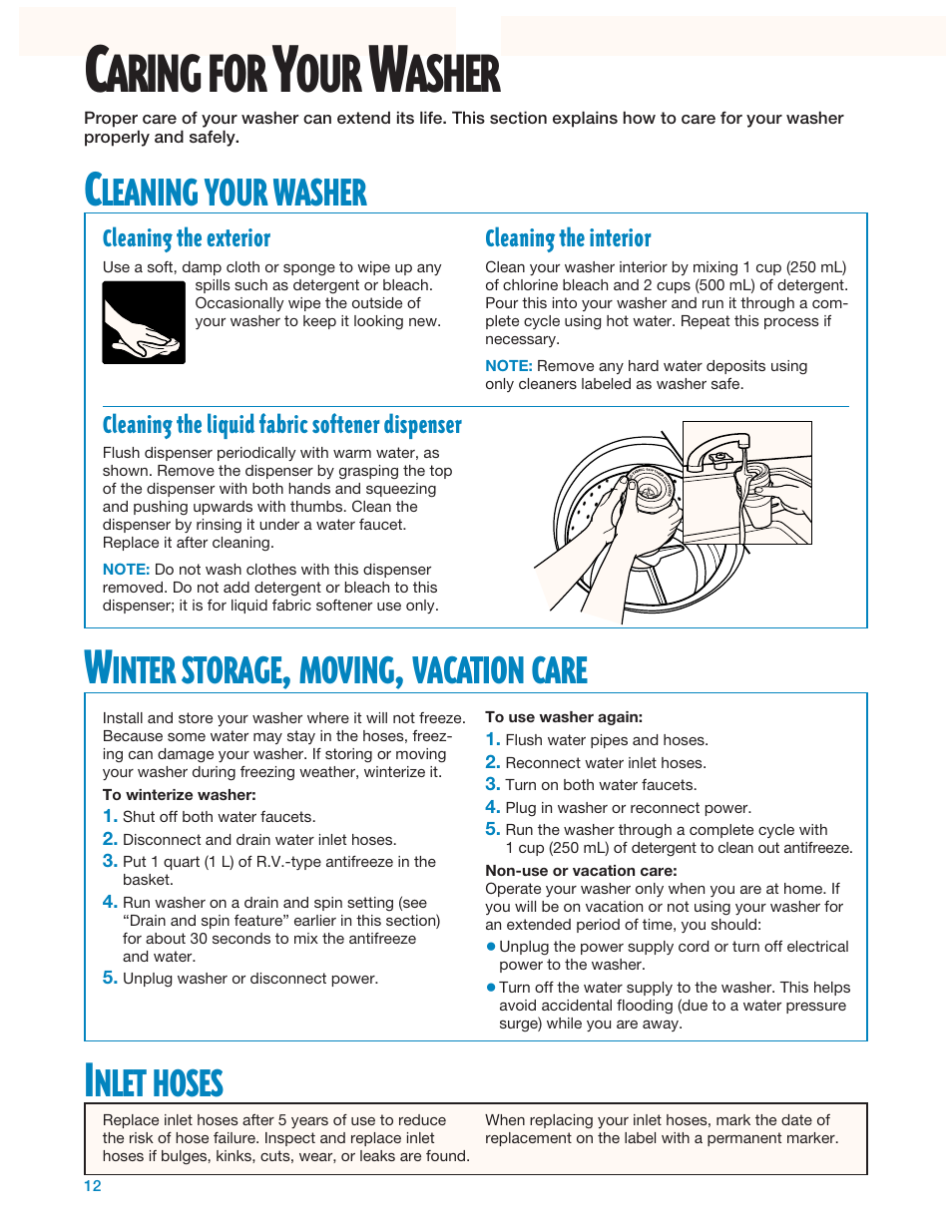 Caring for your washer, Aring, Asher | Inter, Storage, Moving, Vacation, Care, Leaning, Your | Whirlpool 3950310 User Manual | Page 12 / 20