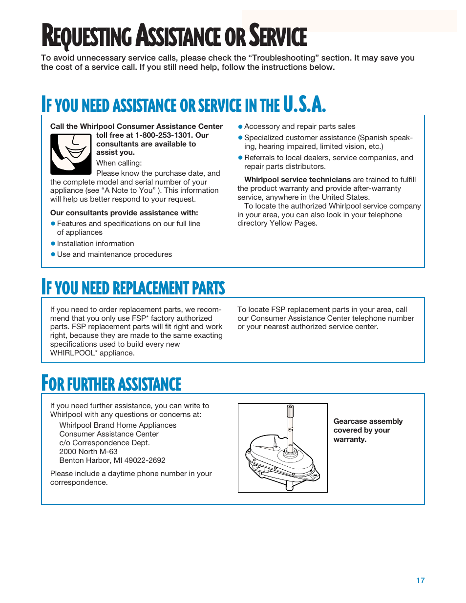 Requesting assistance or service, Equesting, Ssistance | Ervice, U.s.a, Need, Assistance, Service, Replacement, Parts | Whirlpool 3950310 User Manual | Page 17 / 20